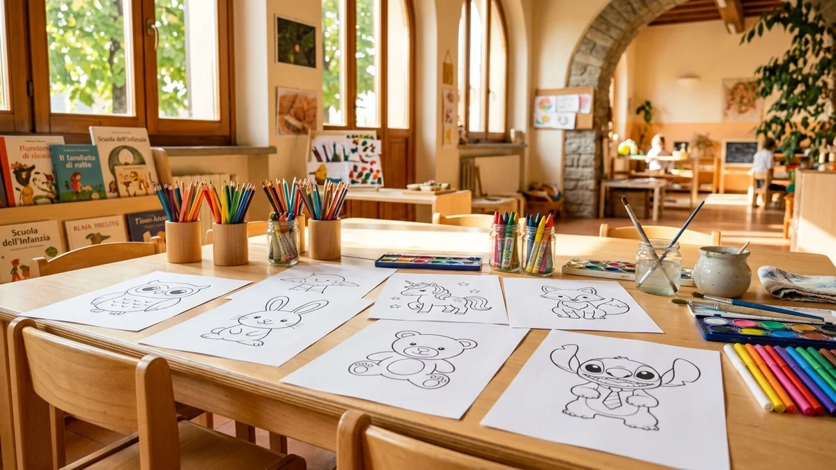 Preschool learning environment with Montessori wooden counting blocks, watercolor sketches, and craft table